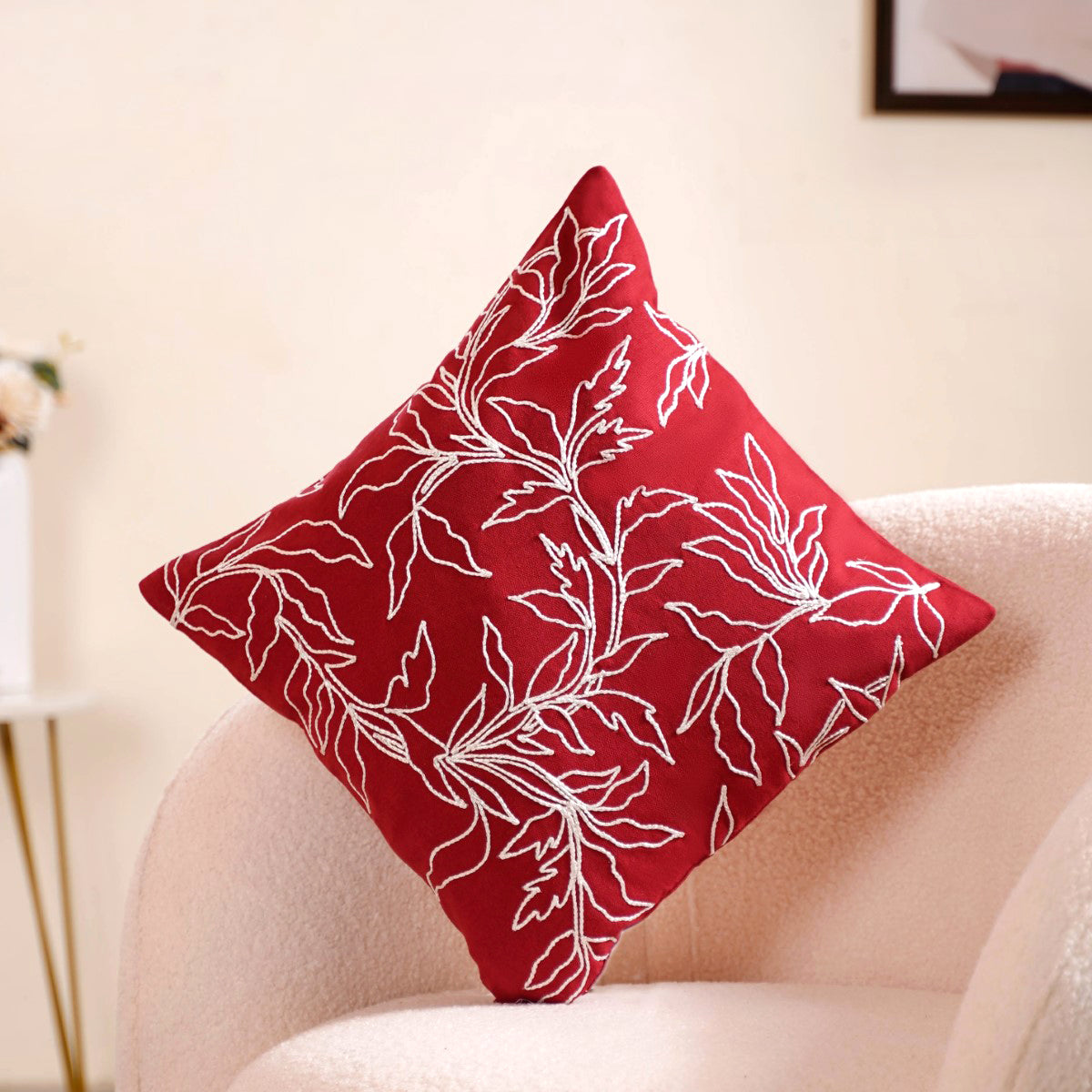 Embroidered Red Couch Cushion Cover 16x16 Inch - Main Image