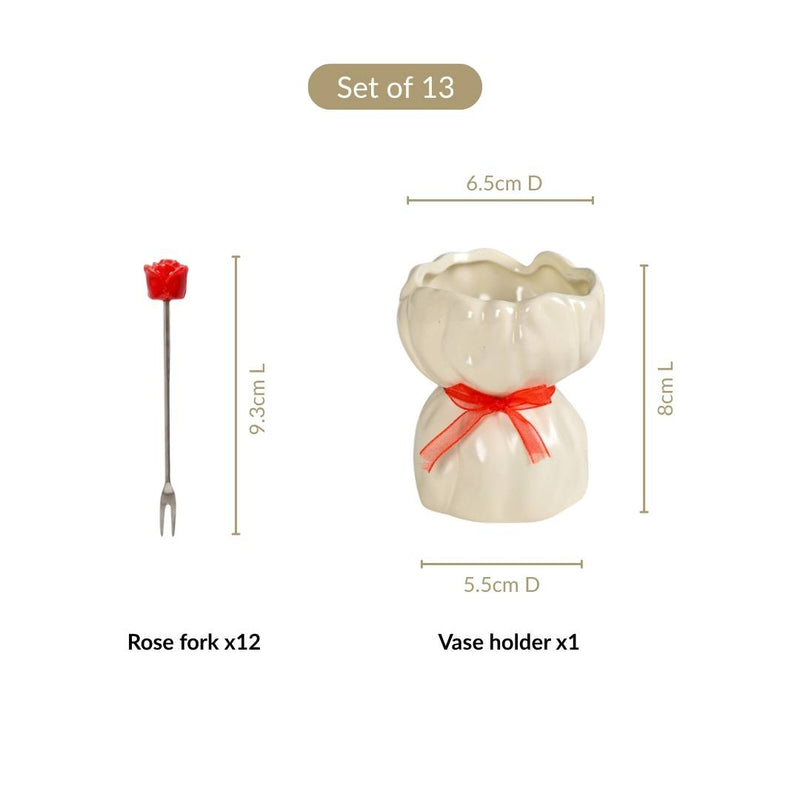 Red Rose Fruit Fork With Ceramic Vase Set Of 13
