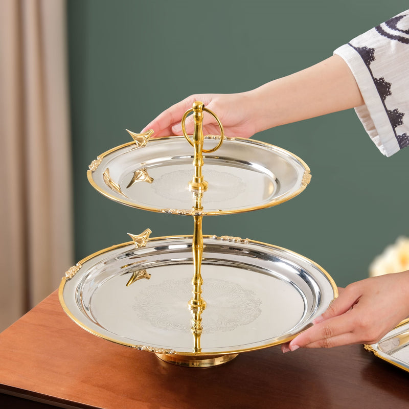 Regal Two Tier Brass And Stainless Steel Bird Cupcake Stand