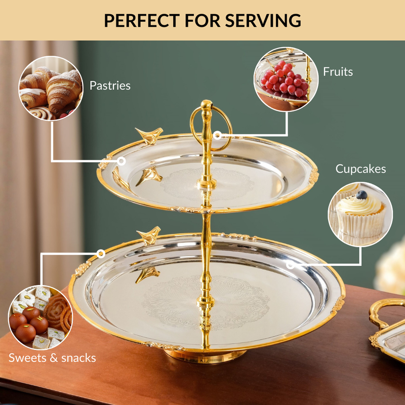 Regal Two Tier Brass And Stainless Steel Bird Cupcake Stand