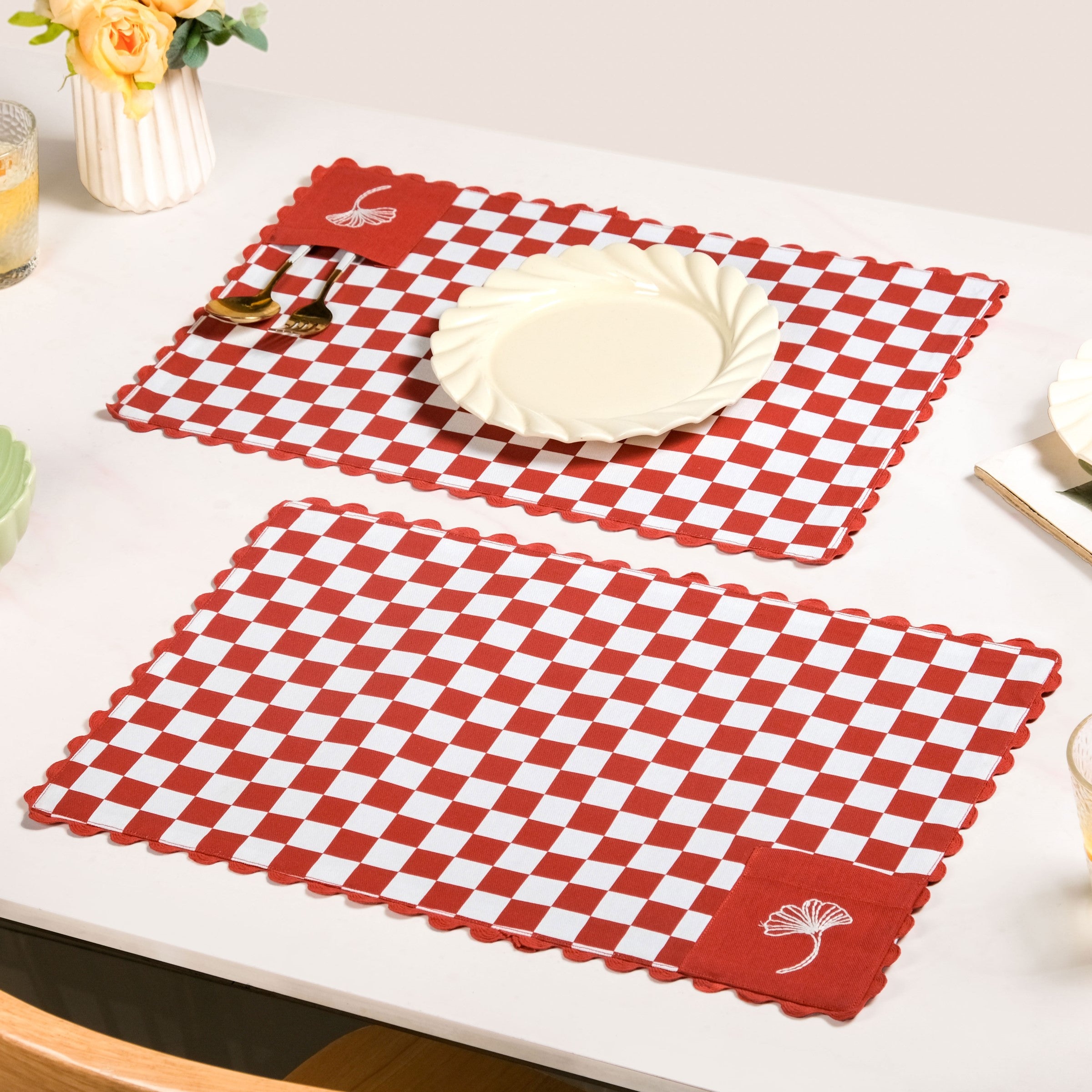 Retro Cotton Embroidered Table Mat Red Set Of 6