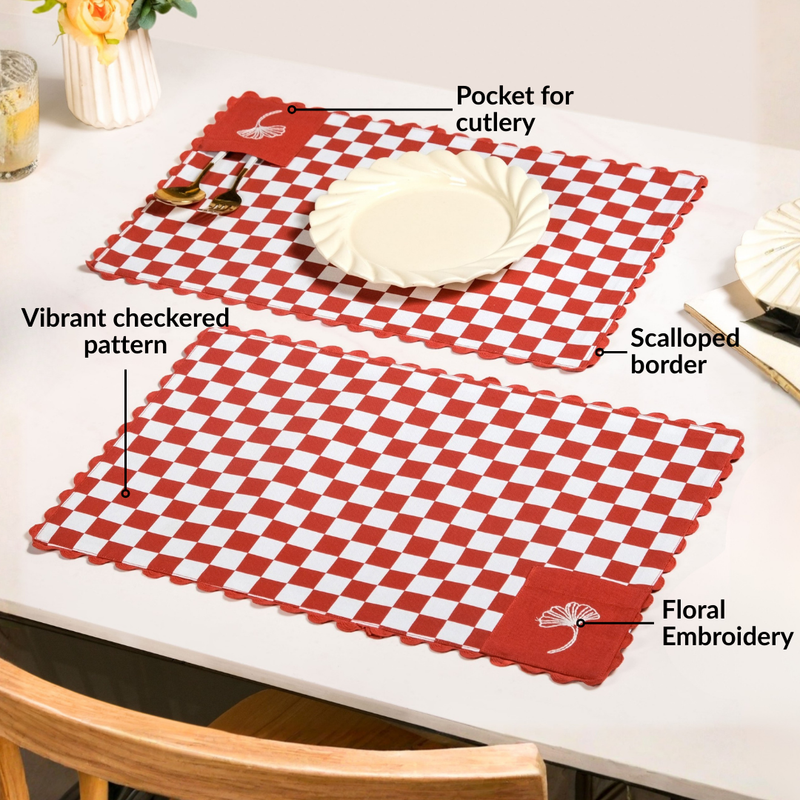 Retro Cotton Embroidered Table Mat Red Set Of 6