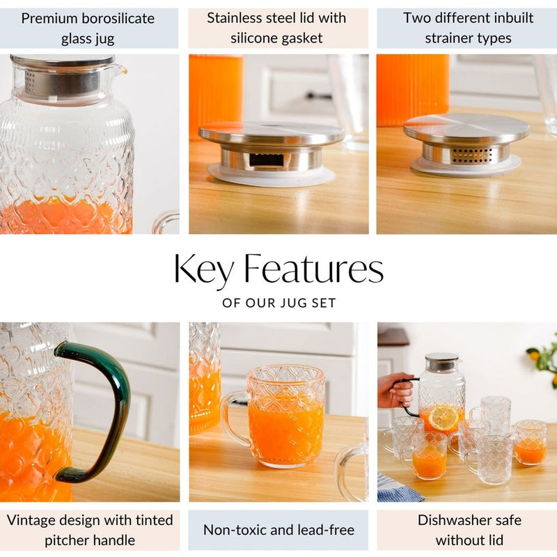 Retro Glass Pitcher And Mug Set Of 7