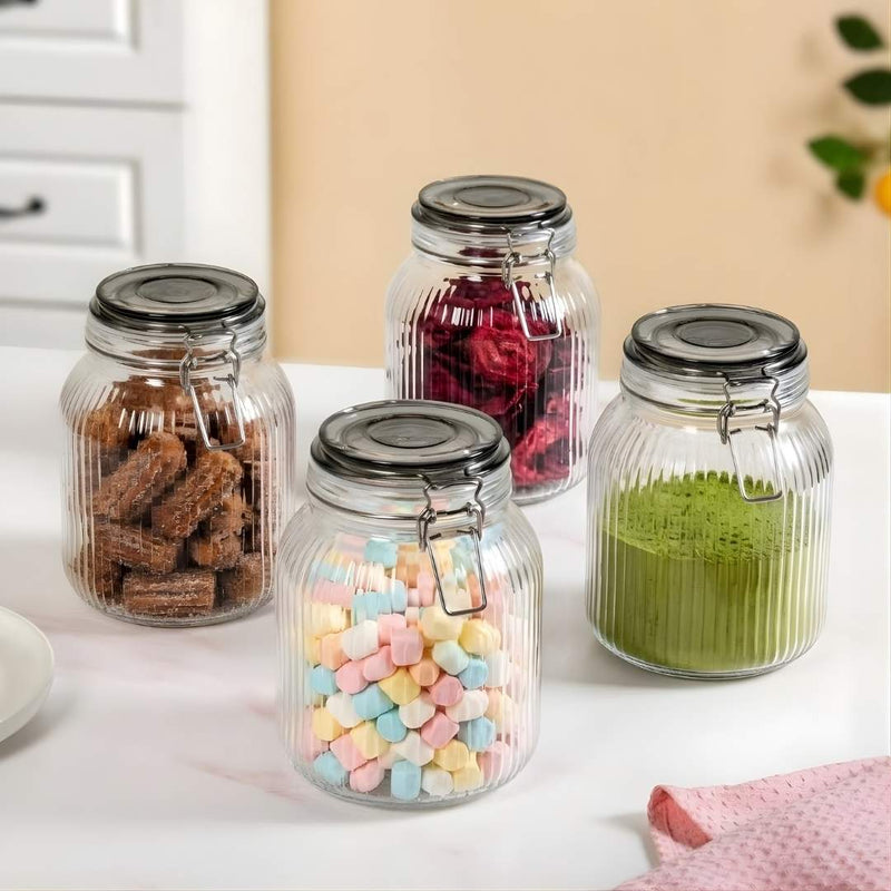 Ribbed Glass Jar With Cliplock Lid Set Of 4 1450ml