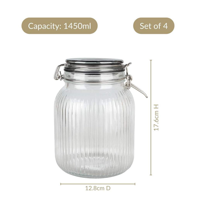 Ribbed Glass Jar With Cliplock Lid Set Of 4 1450ml