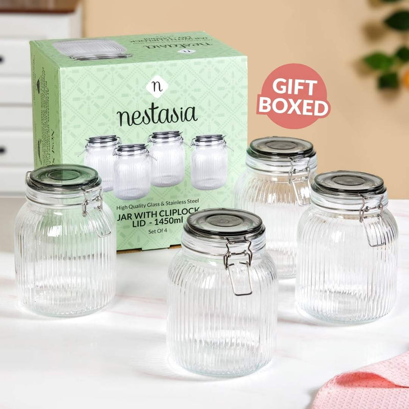 Ribbed Glass Jar With Cliplock Lid Set Of 4 1450ml