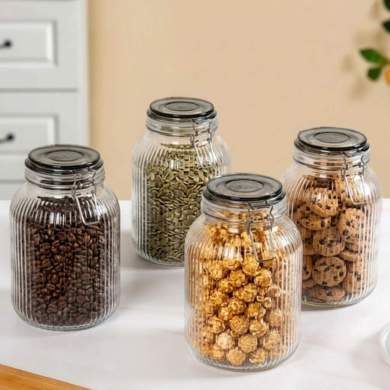 Ribbed Glass Jar With Cliplock Lid Set Of 4 2000ml