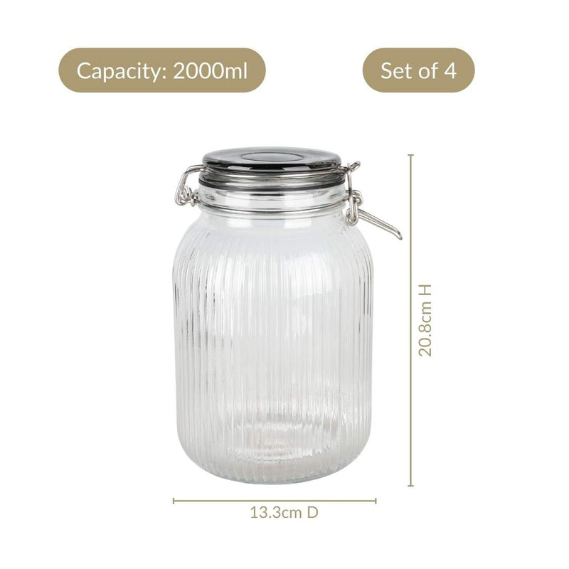 Ribbed Glass Jar With Cliplock Lid Set Of 4 2000ml