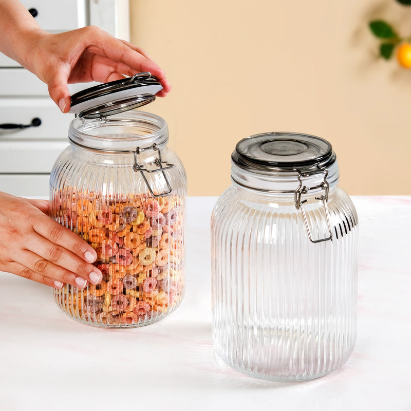 Ribbed Glass Jar With Cliplock Lid Set Of 4 2000ml