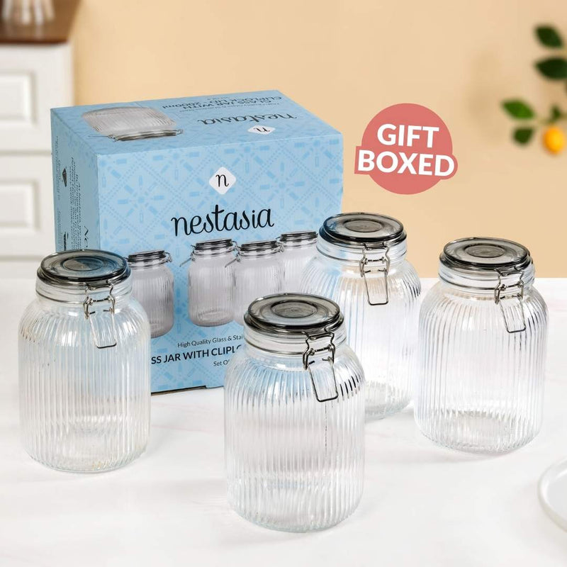 Ribbed Glass Jar With Cliplock Lid Set Of 4 2000ml
