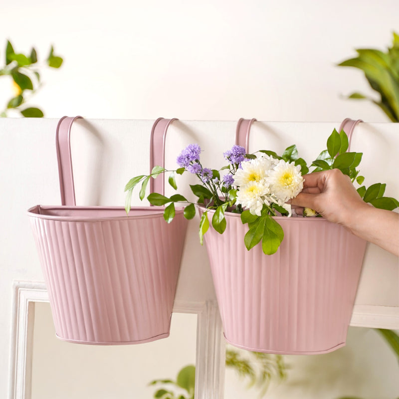 Ribbed Hanging Planter Set Of 2 Dusty Pink