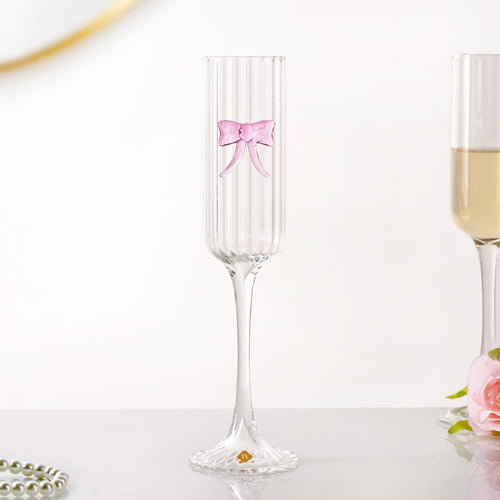 Ribbed Champagne Glass With Pink Glass Bow 200ml