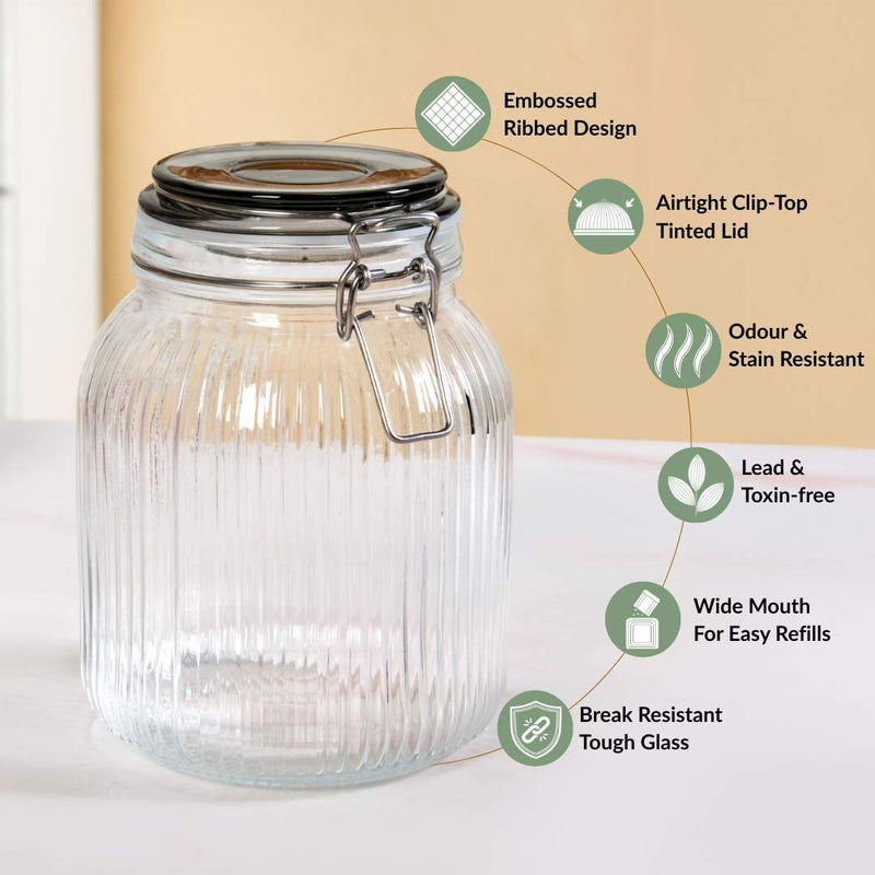 Ribbed Glass Jar With Cliplock Lid Set Of 4 1450ml