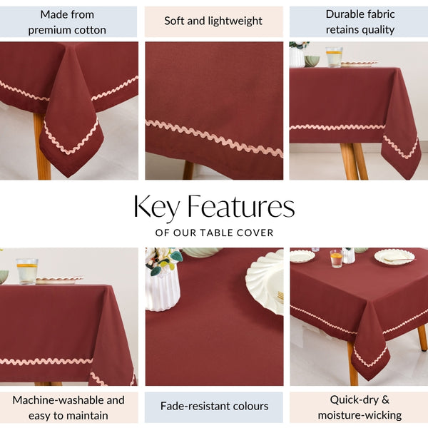 Madeline 6 Seater Cotton Tablecloth With Rick Rack Maroon 209x160cm