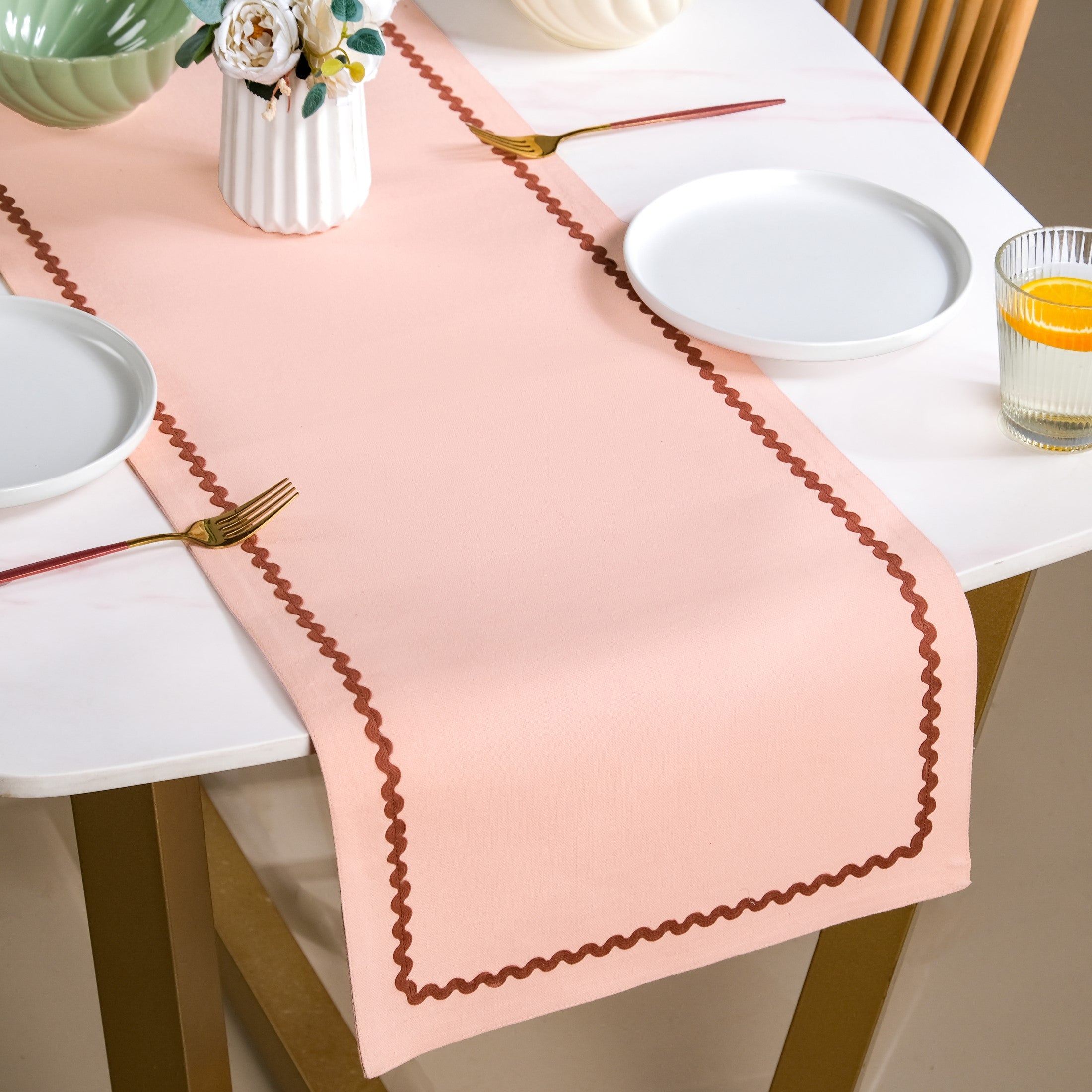 Madeline Rick Rack Cotton Table Runner Peach 183x36cm