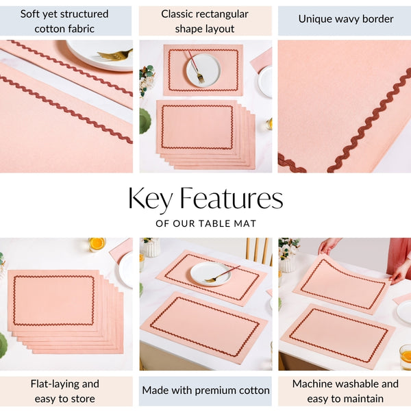 Madeline Rick Rack Peach Set Of 6 Reversible Cotton Placemats