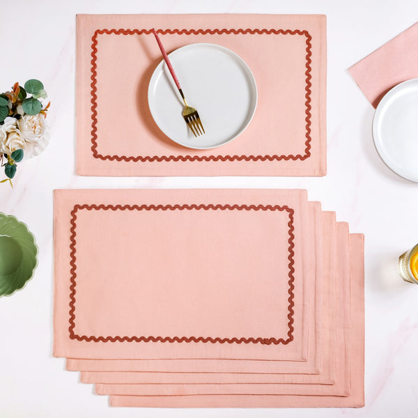 Madeline Rick Rack Peach Set Of 6 Reversible Cotton Placemats