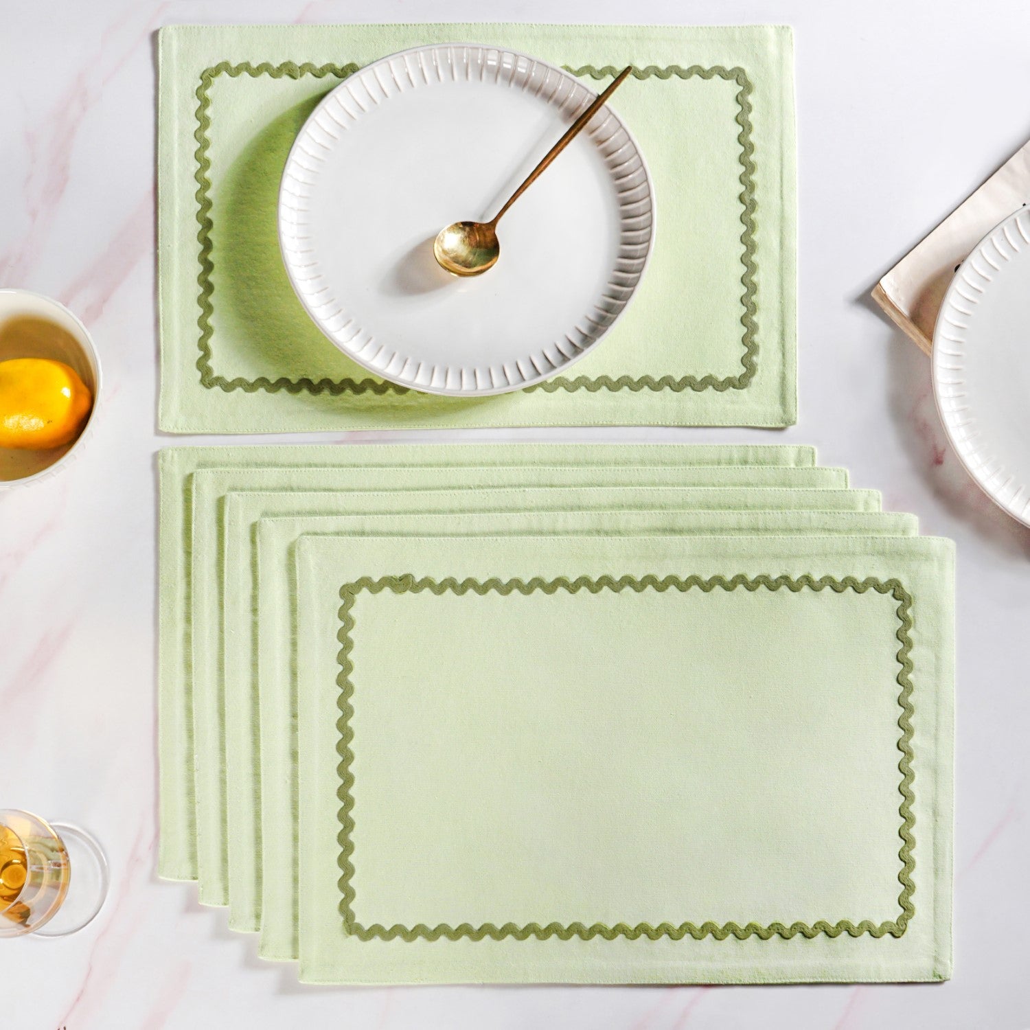 Isabelle Set Of 6 Green Table Mats With Rick Rack