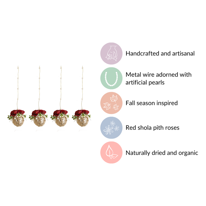 Rose Wall Hanging With Rattan Balls Set Of 4