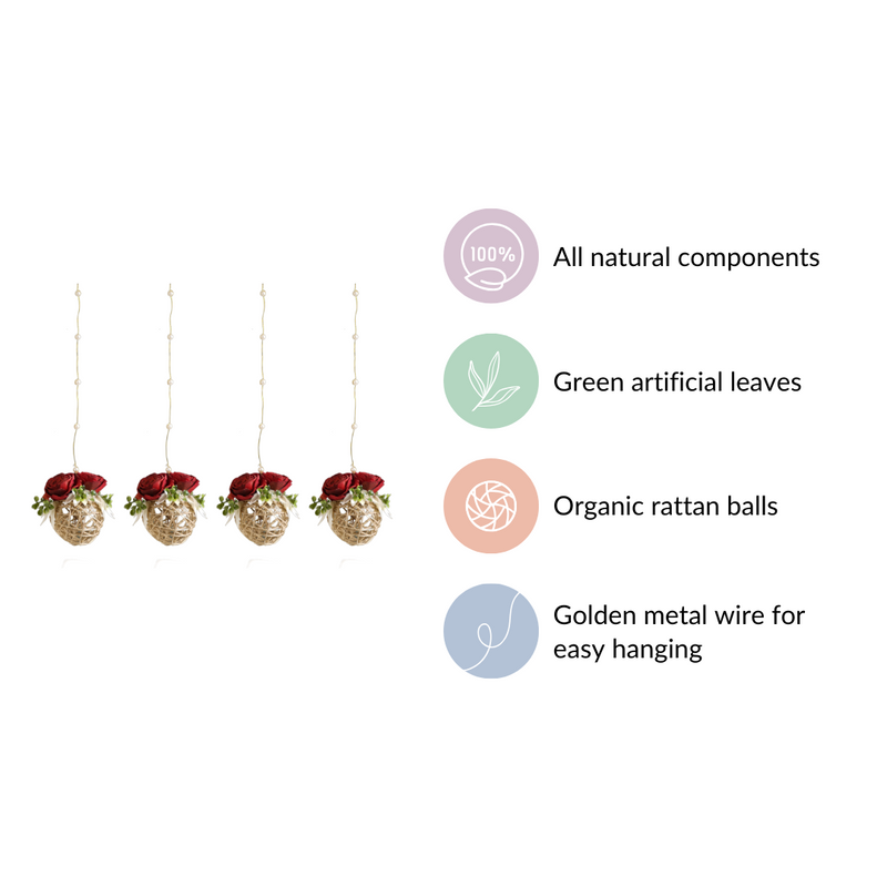 Rose Wall Hanging With Rattan Balls Set Of 4