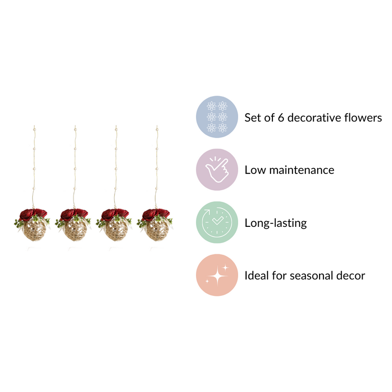 Rose Wall Hanging With Rattan Balls Set Of 4
