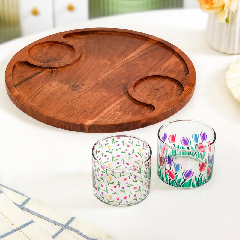 Round Acacia Tray With Floral Bowl Set Of 3