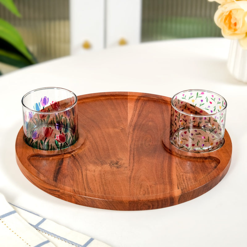 Round Acacia Tray With Floral Bowl Set Of 3