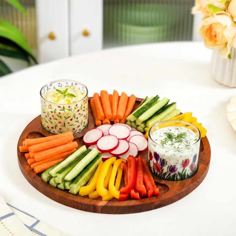 Round Acacia Tray With Floral Bowl Set Of 3