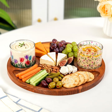 Round Acacia Tray With Floral Bowl Set Of 3