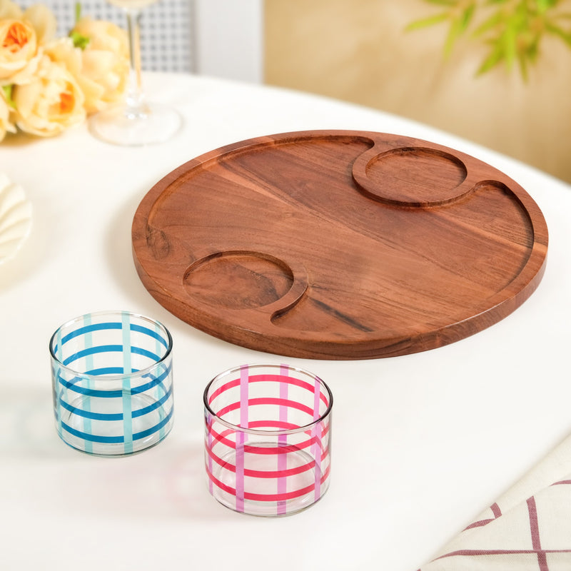 Round Acacia Tray With Striped Bowl Set Of 3
