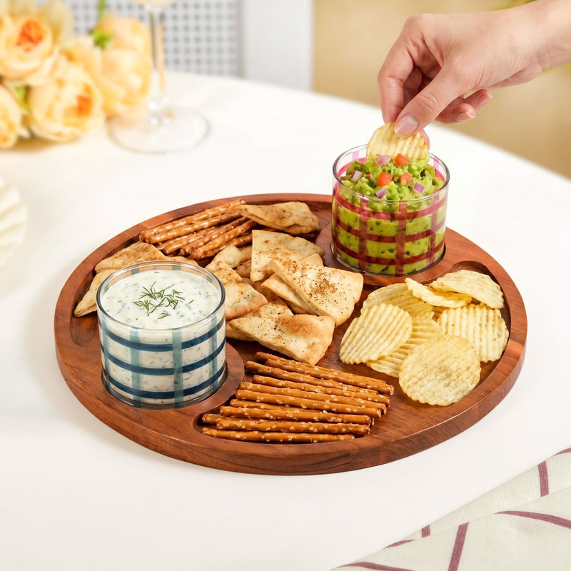 Round Acacia Tray With Striped Bowl Set Of 3