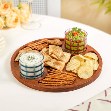 Round Acacia Tray With Striped Bowl Set Of 3
