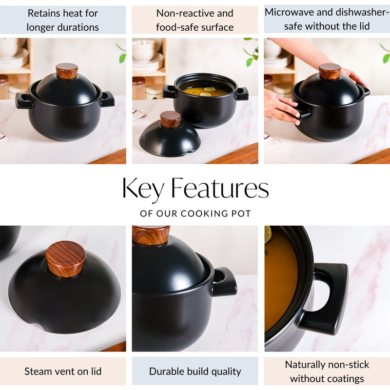 Round Black Cooking Pot With Lid 2200ml