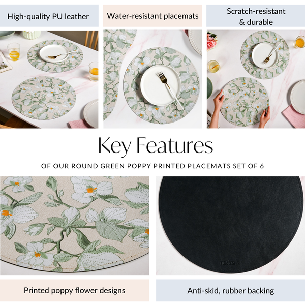 Round Green Poppy Printed Placemats Set Of 6