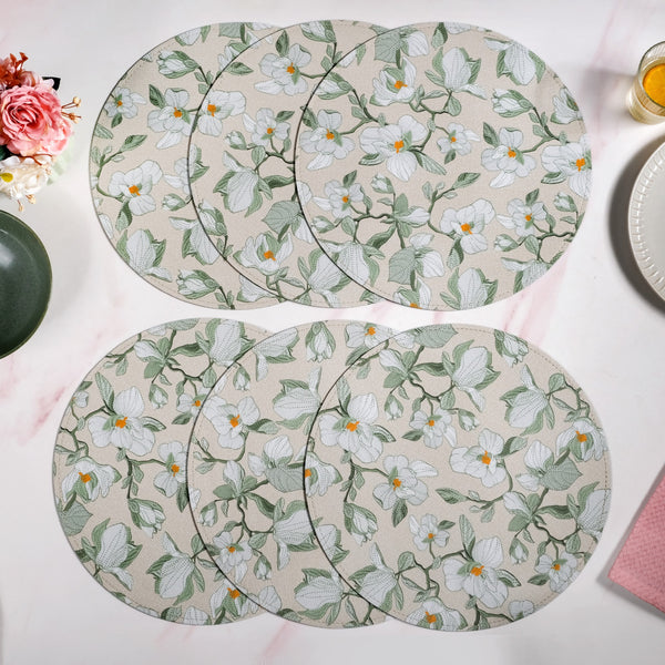 Round Green Poppy Printed Placemats Set Of 6