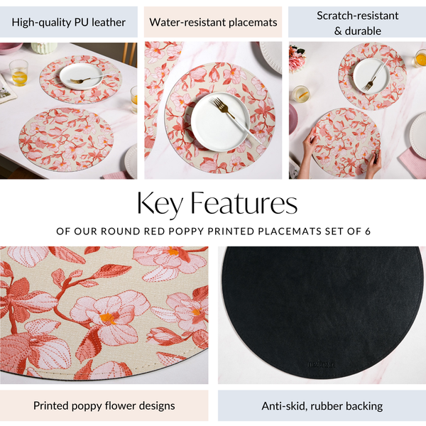 Round Red Poppy Printed Placemats Set Of 6