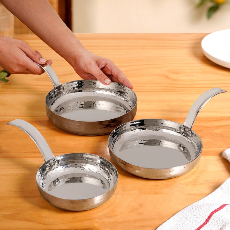 Round Stainless Steel Serving Pan With Hammered Body Set Of 3