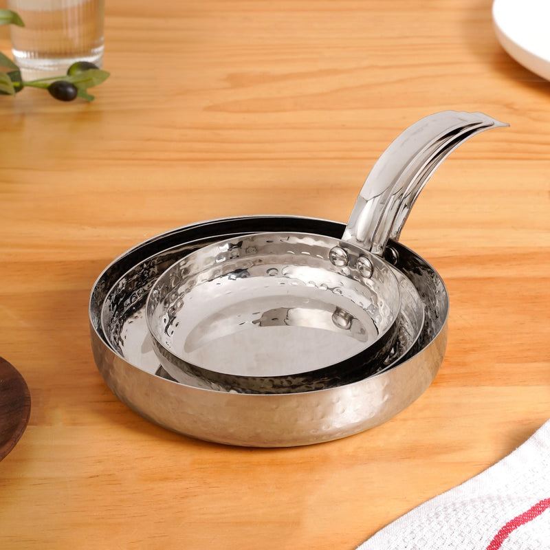 Round Stainless Steel Serving Pan With Hammered Body Set Of 3