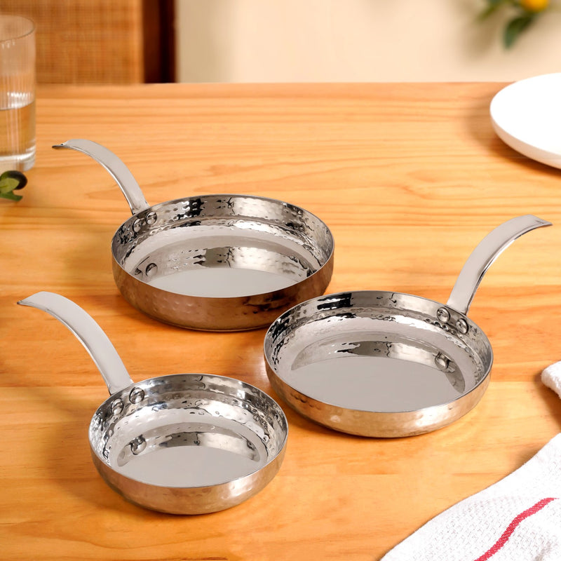 Round Stainless Steel Serving Pan With Hammered Body Set Of 3