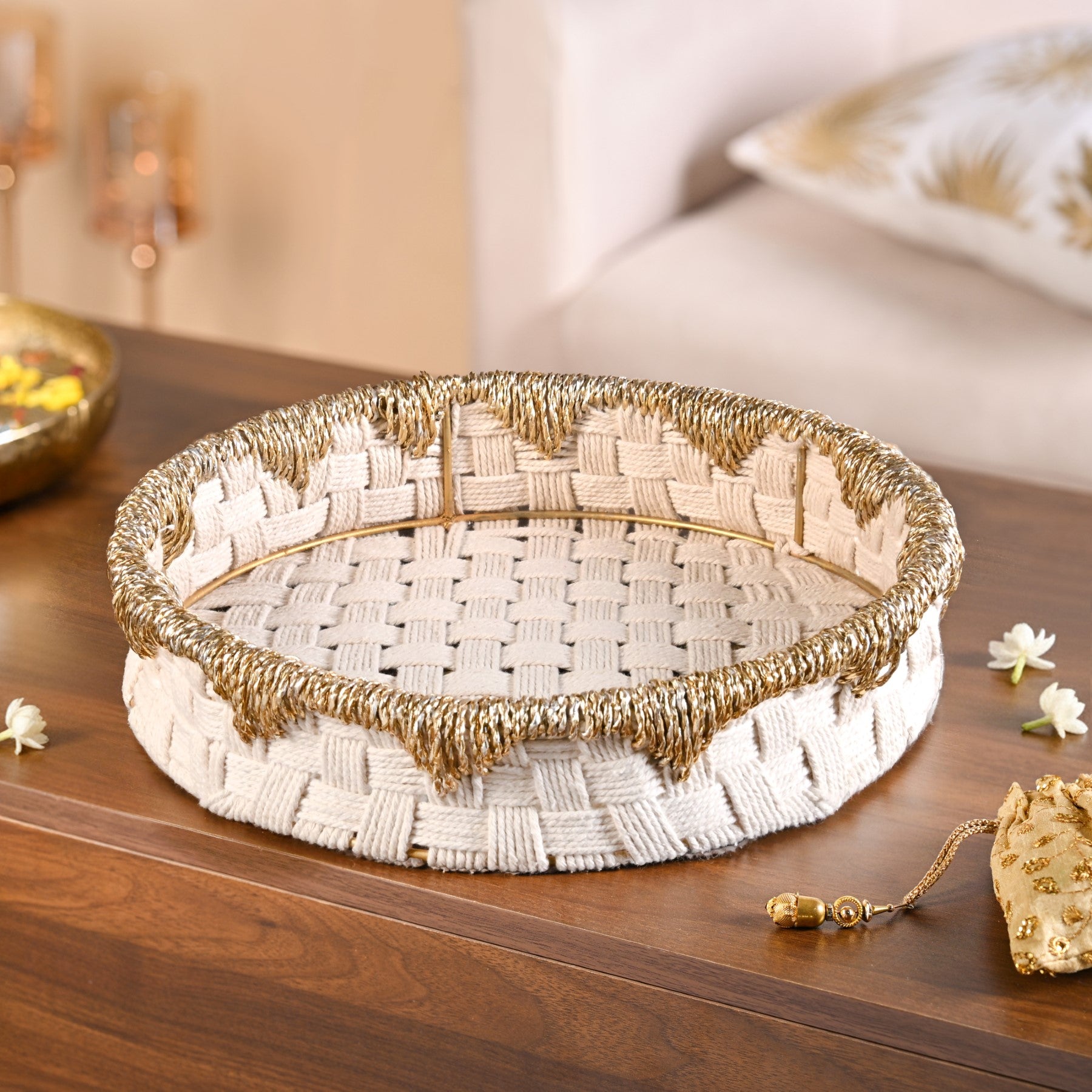 Round Handwoven Tray Basket Gold White