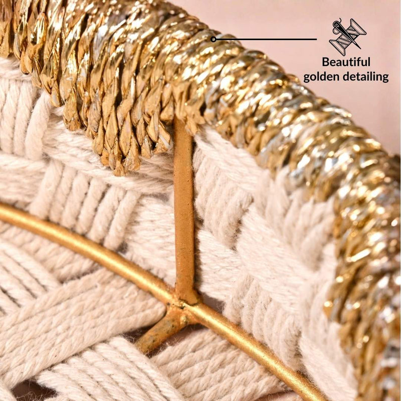 Round Handwoven Tray Basket Gold White
