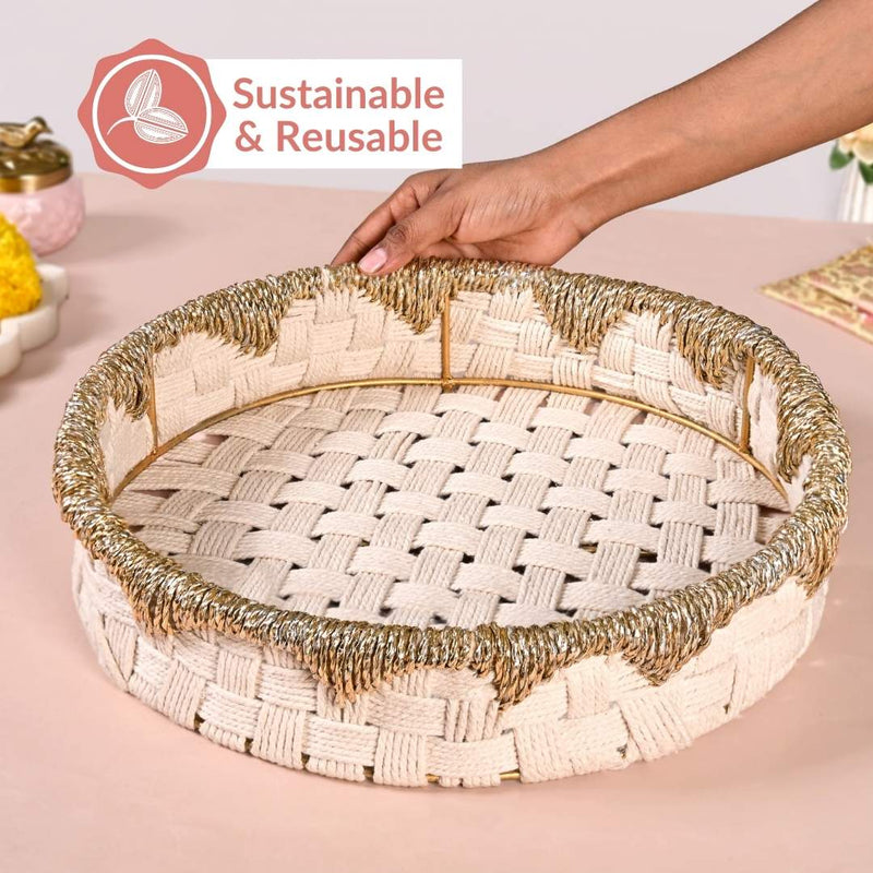Round Handwoven Tray Basket Gold White