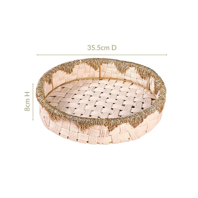 Round Handwoven Tray Basket Gold White