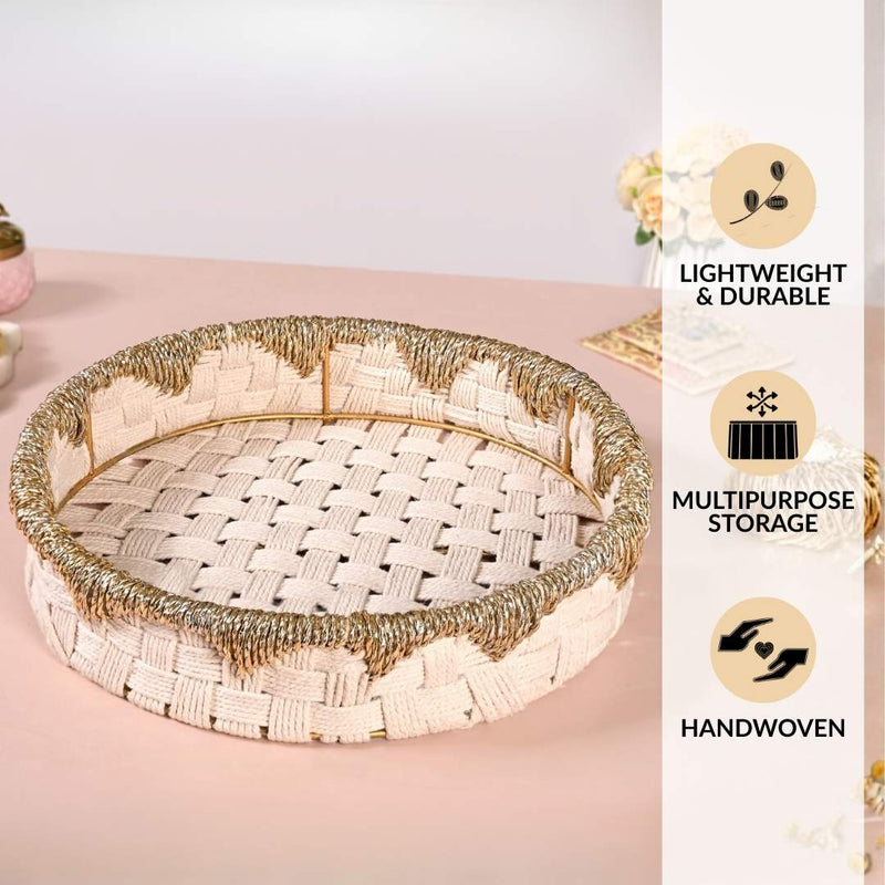 Round Handwoven Tray Basket Gold White