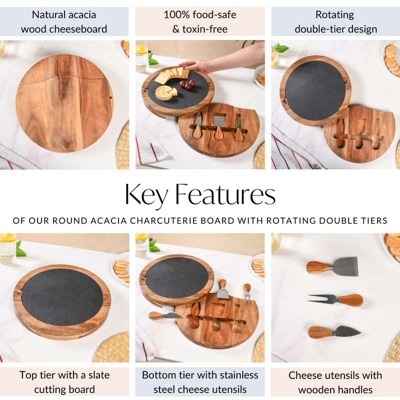 Round Acacia Charcuterie Board With Rotating Double Tiers