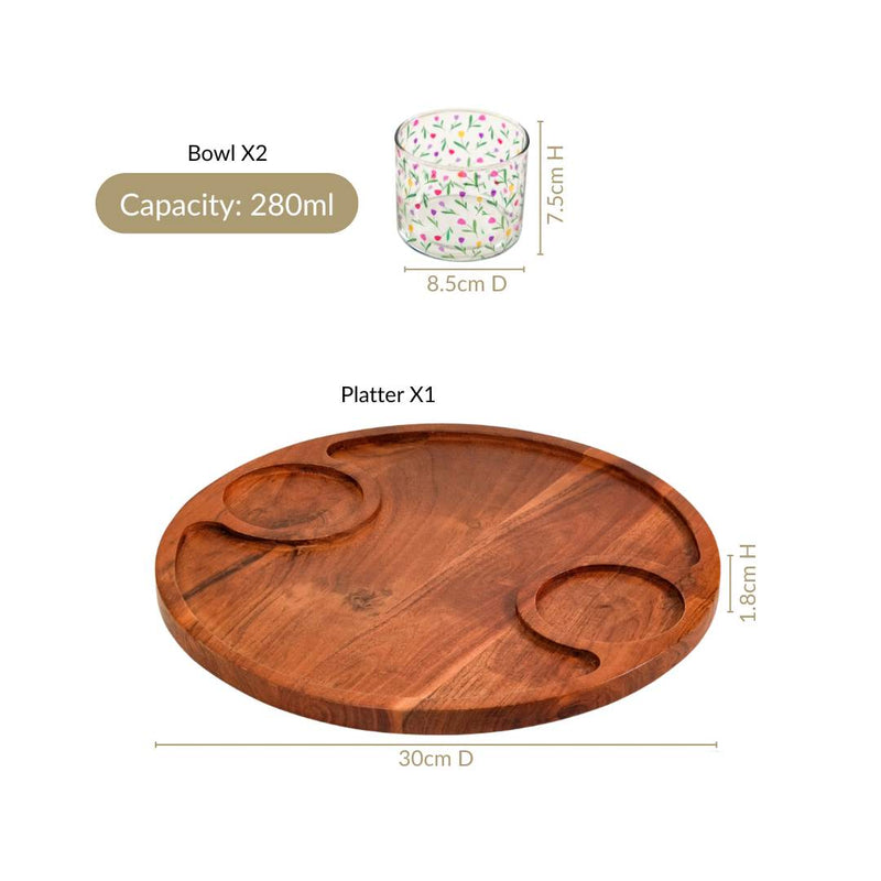 Platterazzi Round Acacia Platter Tray With Floral Bowl Set Of 3