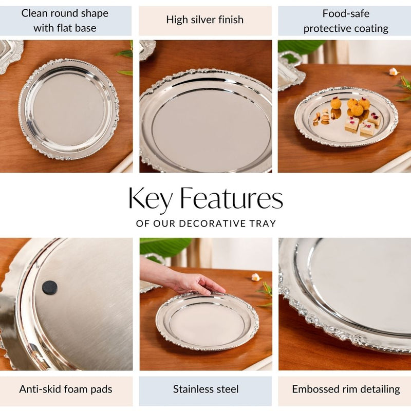 Royalcore Ornate Brass Rim Decorative Tray Silver