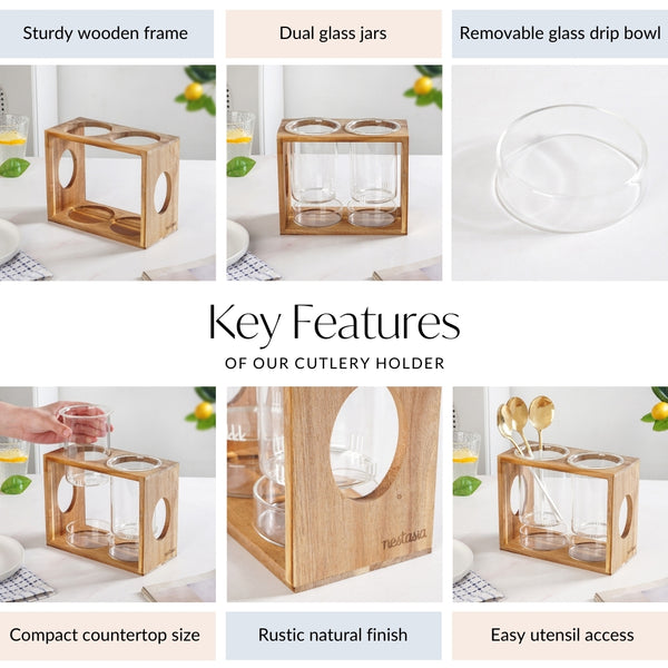 Rustic Wooden Cutlery Stand With Glass Holders