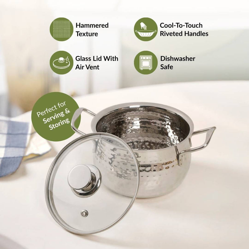 Steel Hammered Serving Handi With Glass Lid 1250ml