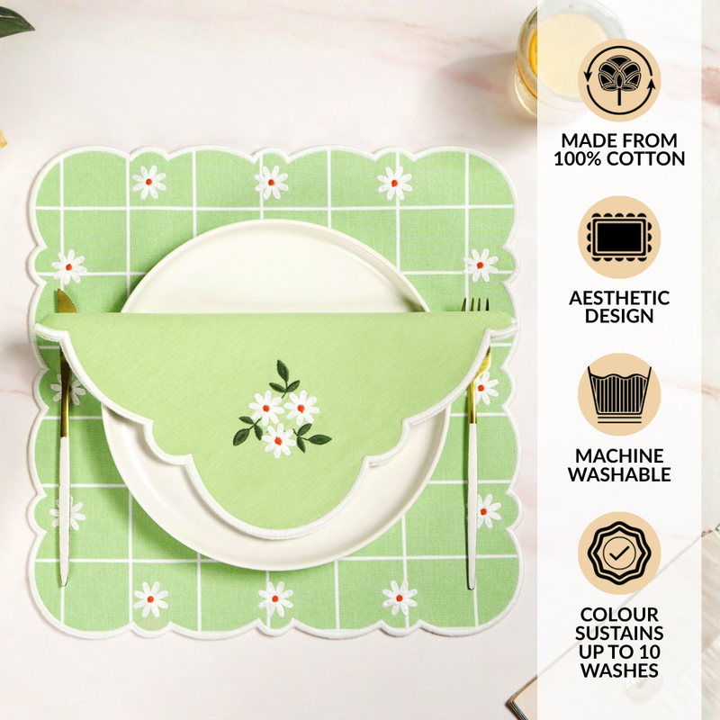 Pistachio Green Cotton Embroidered Table Napkin Set Of 6